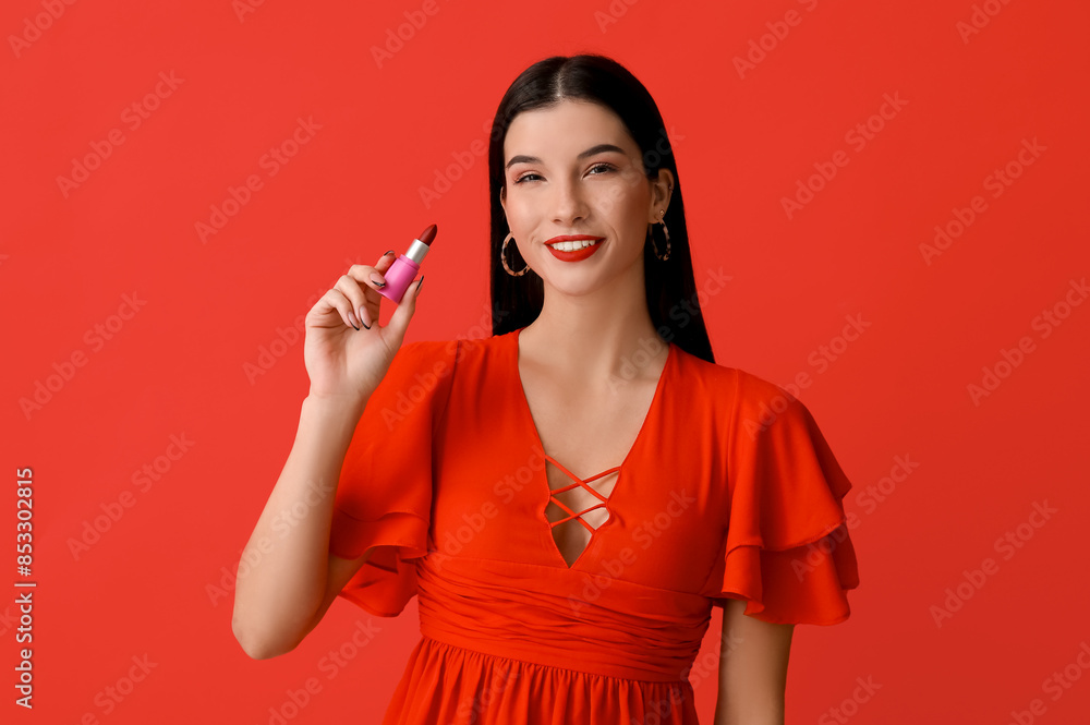 Beautiful young woman with bright lipstick on red background Beautiful young woman with bright lipstick on red background