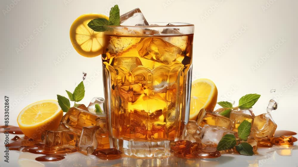Delicious refreshing cold iced tea in a glass on a table at a beach bar Delicious refreshing cold iced tea in a glass on a table at a beach bar