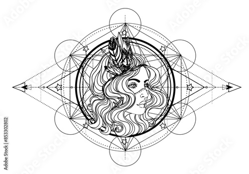 Wallpaper Mural Illustration of Leo astrology sign as a beautiful girl over sacred geometry frame. Zodiac vector drawing isolated in black and white. Future telling, horoscope, spirituality. Coloring book. Torontodigital.ca