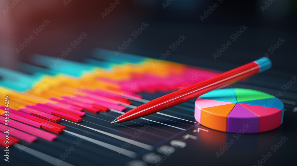 A red pen sits on top of a colorful pie chart