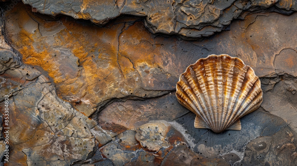 Fossilized scallop shell embedded in tuff rock located on a preexisting tuff surface Fossilized scallop shell embedded in tuff rock located on a preexisting tuff surface