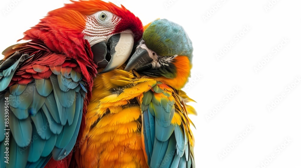 Obraz premium Two parrots birds couple isolated on white wallpaper background
