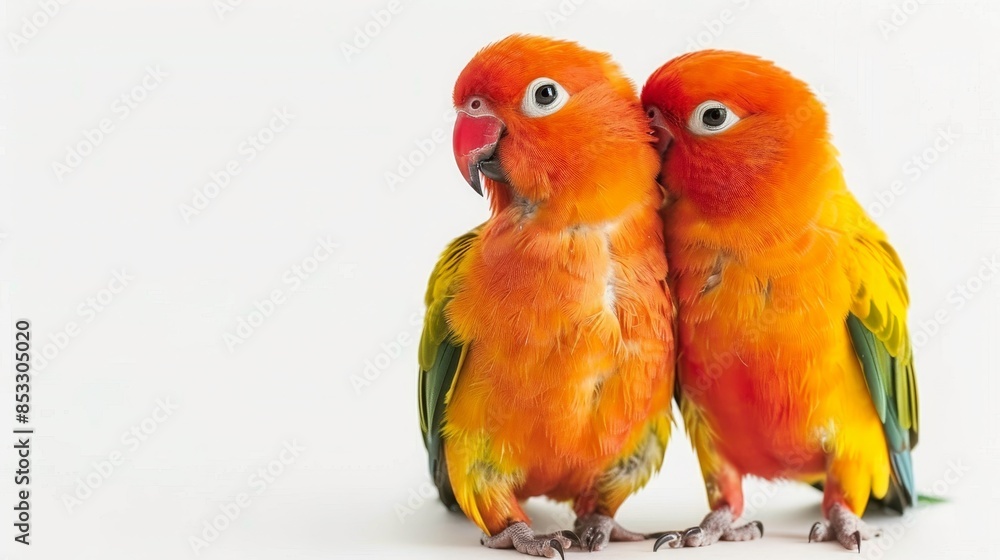Obraz premium Two parrots birds couple isolated on white wallpaper background