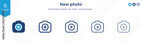 Add photo icon set. photo camera icon with plus symbol ; camera photography line icons : save or add to gallery icon : add image icon