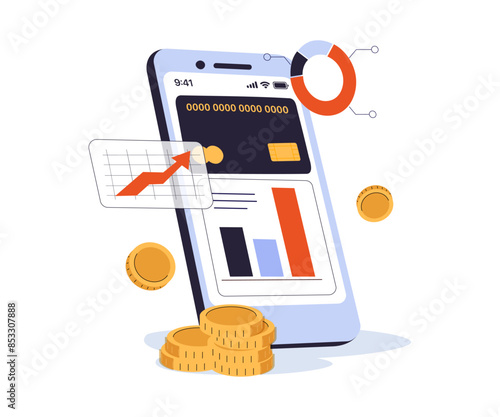 Pay by credit card via electronic wallet wirelessly on phone. New mobile banking app and e-payment vector illustration