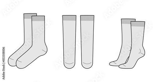 Mid Calf Socks length set. Fashion hosiery accessory clothing technical illustration stocking. Vector front, side view for Men, women, unisex style, flat template CAD mockup sketch outline isolated 