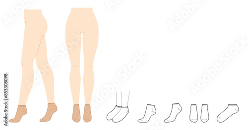 Ankle Socks set on women legs and CAD flat template mockup. Hosiery Fashion accessory clothing technical illustration stocking. Vector front, side view, sketch outline isolated on white background
