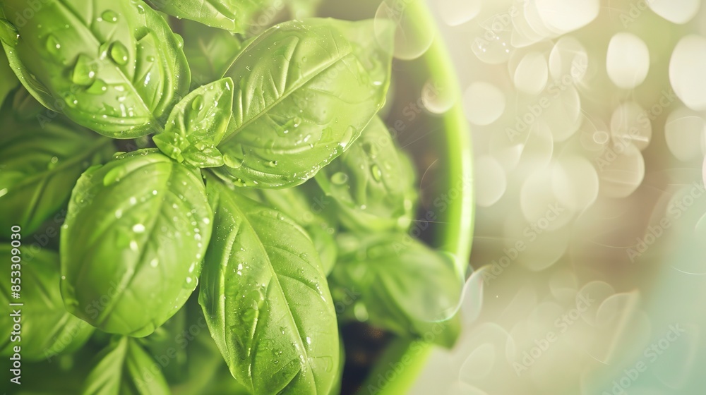 Close-up of fresh basil in a bright green pot, dew on leaves, morning sunlight filtering through. Close-up of fresh basil in a bright green pot, dew on leaves, morning sunlight filtering through.
