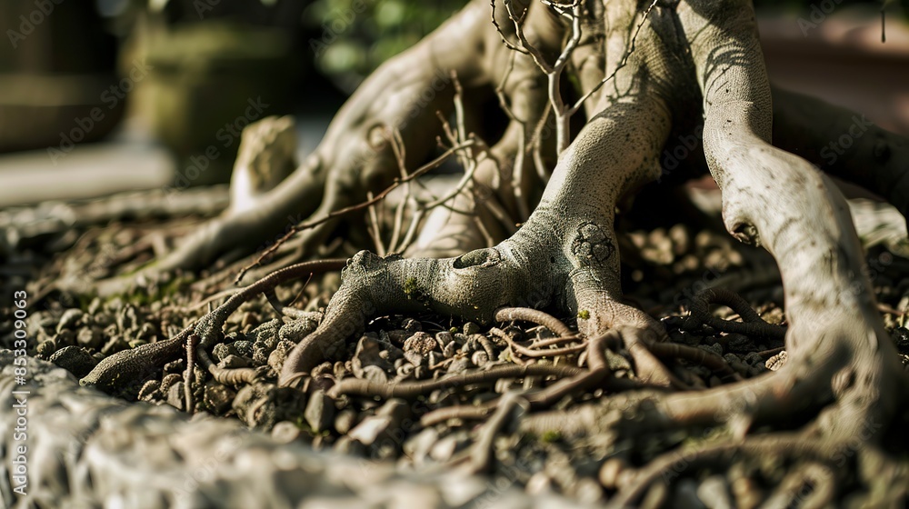 Fototapeta premium Close-up of a fig bonsai with intricate root structure visible above soil, earth tones, soft focus. 