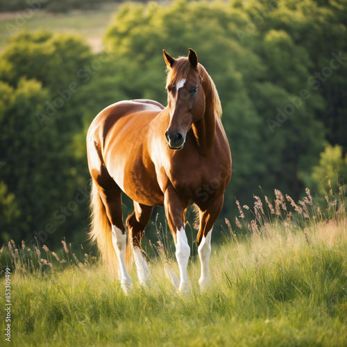 Rural Horse Grazing Green Pasture Meadow