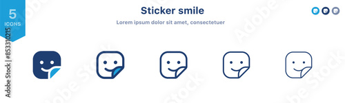 Smile emoticon or emoji with round folded sticker icon ; Happy smiley face ; Cute smile line icon