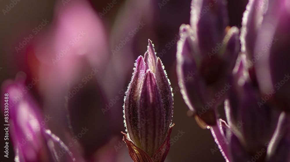 Macro shot of lavender buds, indirect light, rich purple, fine detail, soft focus on petals. Macro shot of lavender buds, indirect light, rich purple, fine detail, soft focus on petals.
