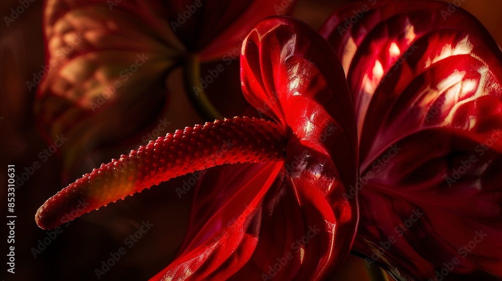 Fototapeta premium Intimate capture of anthurium flower, evening sunlight, macro photography, glossy red, detailed spadix. 