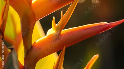 Focused view of heliconia flower, gentle dusk light, macro shot, bold yellow and orange, detailed bracts.  photo