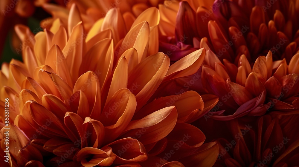 Intimate capture of autumn mums, evening sunlight, macro photography, deep orange hues, detailed petal structure. Intimate capture of autumn mums, evening sunlight, macro photography, deep orange hues, detailed petal structure.