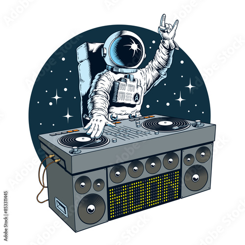 Astronaut dj with turntable in the outer space isolated on white background. Disco party flyer, banner, poster or t shirt design. Comic style vector illustration.