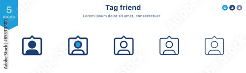 Tag friends icon set. people tagged icon button, person pin icon in speech bubble - mention friends web vector icons