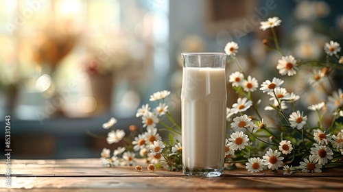 Glass of Milk with Daisies on a Wooden Table