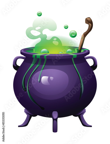 Witch cauldron with green bubbling potion and wooden stirrer. Vector cartoon illustration isolated on white background