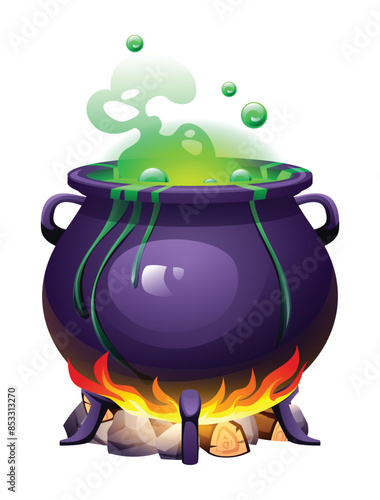 Witch cauldron with green bubbling potion over a fire. Vector cartoon illustration isolated on white background