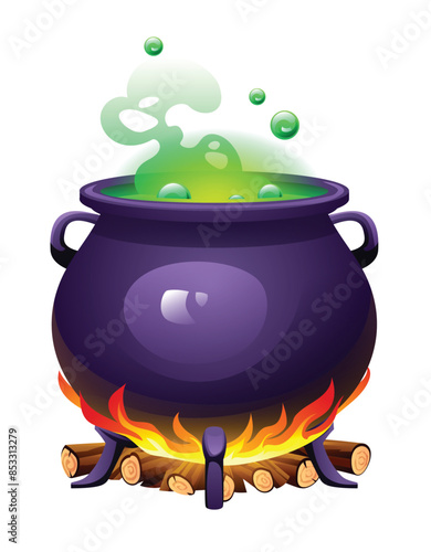 Witch cauldron with green bubbling potion over a burning firewood. Vector cartoon illustration isolated on white background