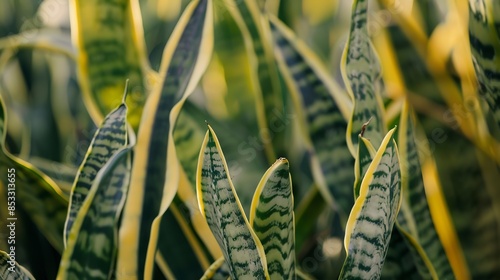 Detailed view of Sansevieria trifasciata, soft afternoon light, macro shot, intricate leaf patterns, rich green hues.  photo