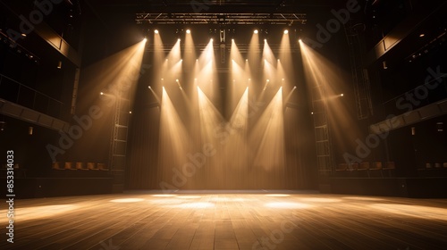 Empty theater stage illuminated by bright, focus lights, creating a dramatic ambiance. Perfect backdrop for performance or entertainment events. photo