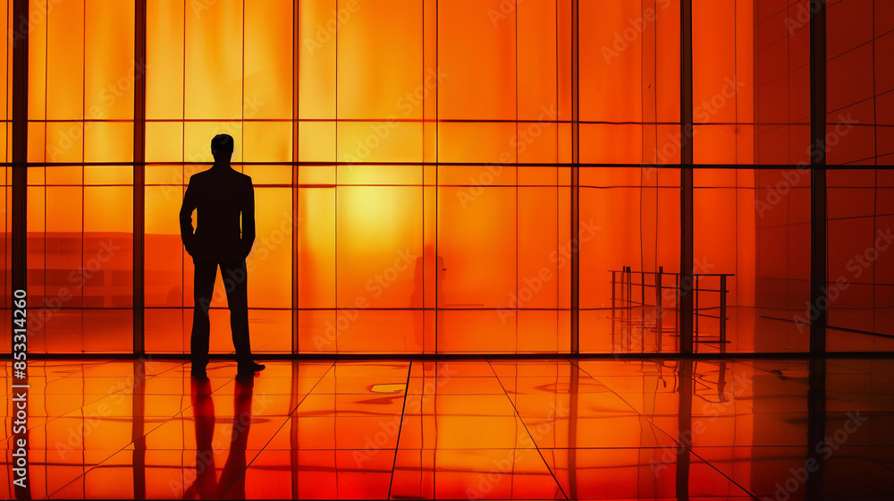 Silhouette of a man standing in front of an orange gradient glass wall, business Silhouette of a man standing in front of an orange gradient glass wall, business