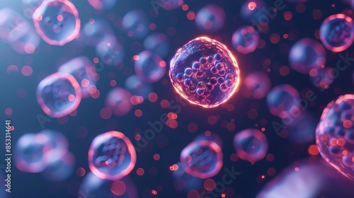Microscopic visualization of cells with glowing nuclei and cytoplasm, illustrating biological and scientific research in a dark background. photo