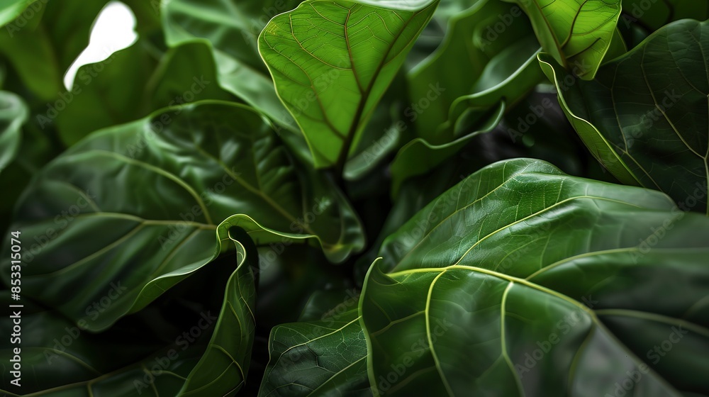 Detailed view of fiddle leaf fig, soft afternoon light, macro shot, intricate leaf patterns, rich green hues. Detailed view of fiddle leaf fig, soft afternoon light, macro shot, intricate leaf patterns, rich green hues.