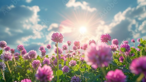Beautiful spring-summer natural landscape with a field of purple clover flowers and chamomile against blue sky with white clouds and bright sun rays. AI generated