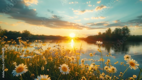 Beautiful summer spring natural landscape with lake and wildflowers at sunset. AI generated