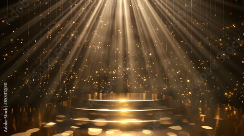 Podium with golden light lamps background. Golden light award stage with rays and sparks © Ziyan