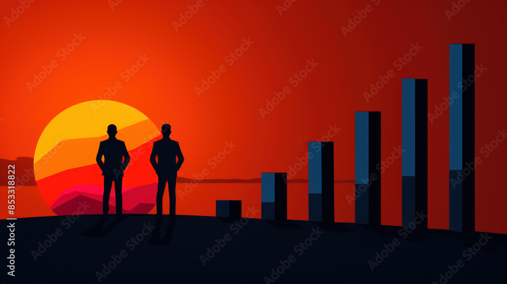 Two men standing on a hill with a sunset in the background Two men standing on a hill with a sunset in the background