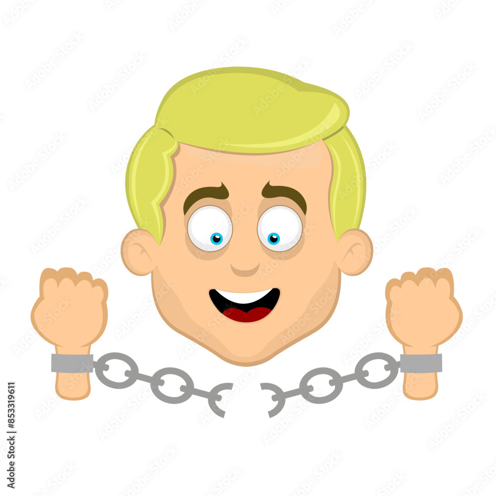 Fototapeta premium vector illustration face man cartoon blonde eyes, breaking chains in freedom and enmancipation