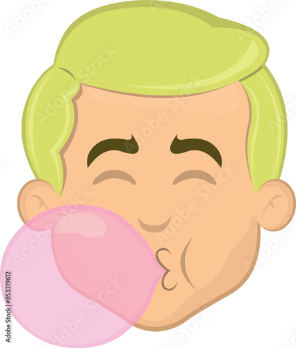 vector illustration face man cartoon blonde, chewing and making bubblegum balloon candy