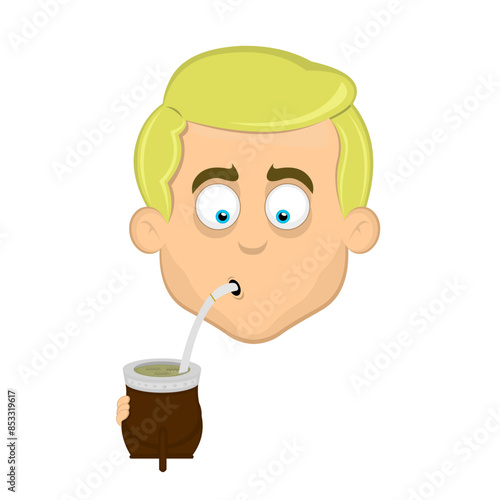 vector illustration face man cartoon blonde eyes, drinking the classic argentine drink or infusion yerba mate