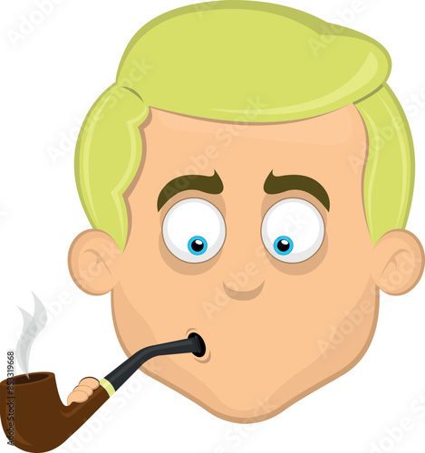 vector illustration face man cartoon blonde and blue eyes, smoking and inhaling pipe tobacco smoke