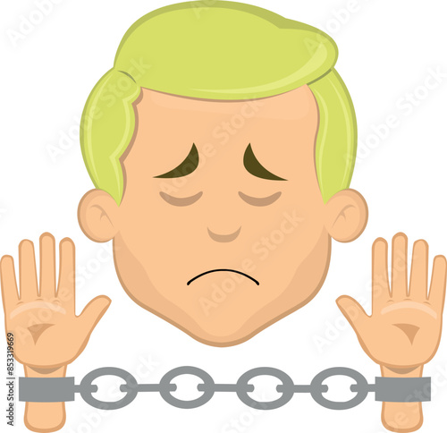 vector illustration face man cartoon blonde eyes, slave or prisoner handcuffed with chains
