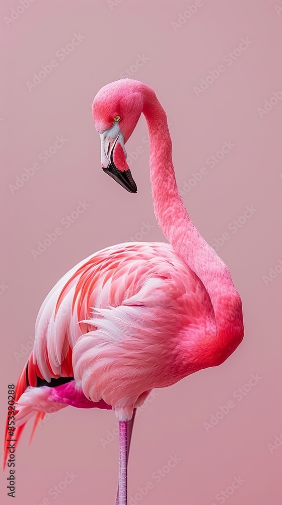 Naklejka premium Full body portrait of a cute pink flamingo, light and pastel background, detailed feathers, standing pose