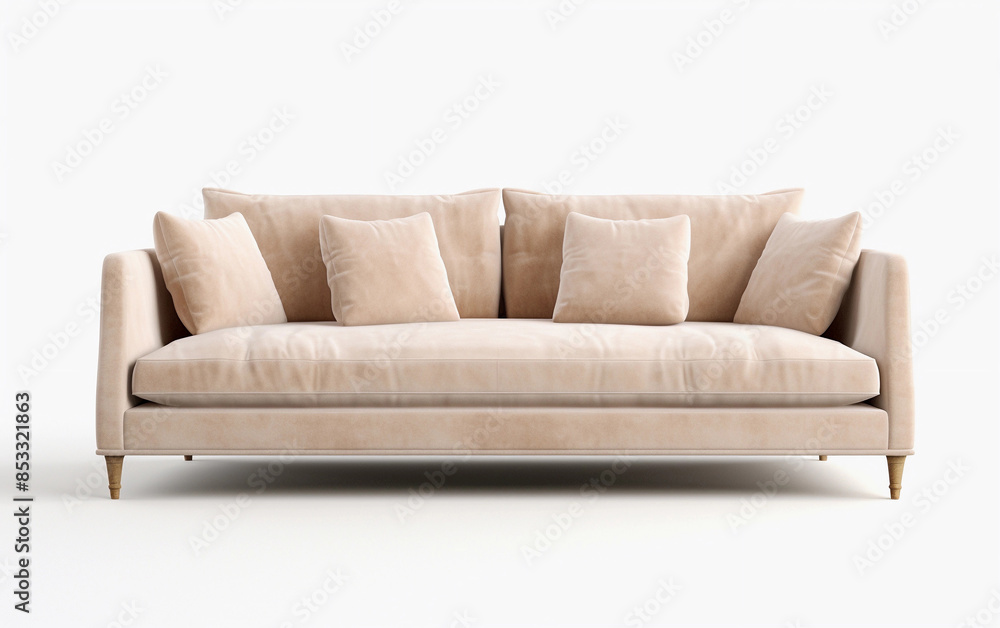 Beige sofa with pillows on wooden legs on white background. Upholstered furniture for the living room. Light brown couch isolated Beige sofa with pillows on wooden legs on white background. Upholstered furniture for the living room. Light brown couch isolated