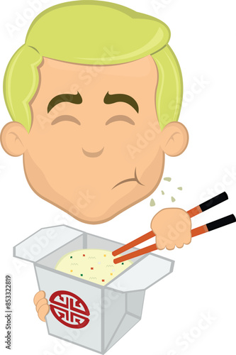 vector illustration face man cartoon blonde, eating chinese food in a cardboard box of rice with chopsticks