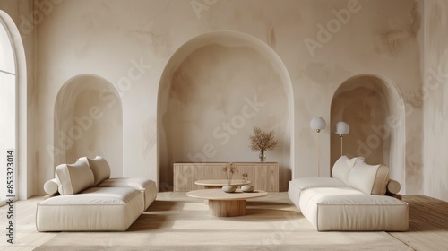 Beige living room interior with wall arches, small sofa with two armchairs, floor lamp, parquet, coffee tables and sideboard on background. Concept of modern AI generated © dheograft
