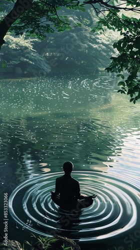 Serene Meditation by a Tranquil Forest Lake at Dawn: A Visual Metaphor for Inner Peace and Mindfulness. Generative AI.