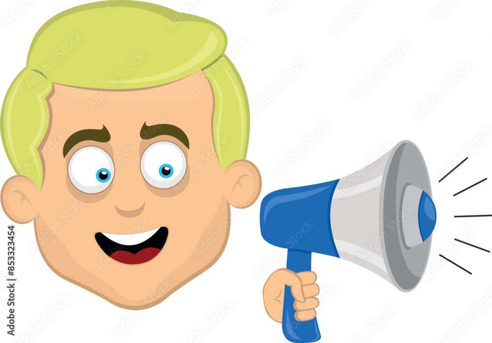 vector illustration face man cartoon blonde and blue eyes, talking with a megaphone in your hand vector illustration face man cartoon blonde and blue eyes, talking with a megaphone in your hand