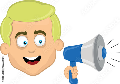 vector illustration face man cartoon blonde and blue eyes, talking with a megaphone in your hand