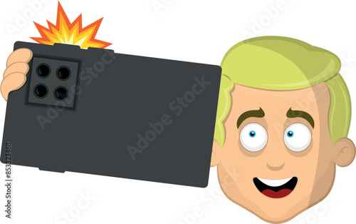 vector illustration face man cartoon blonde and blue eyes, doing a selfie photo with mobile phone or smartphone