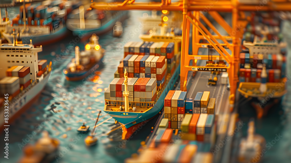A model of a busy port with many cranes and ships A model of a busy port with many cranes and ships