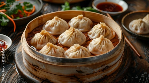 Hot and spicy soup dumplings, arranged with precision, rich cultural hues, ready to be enjoyed, inviting and flavorful