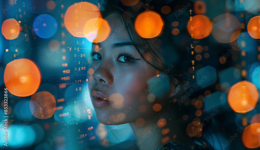Woman with Neon Digital Data Overlay and City Lights Woman with Neon Digital Data Overlay and City Lights